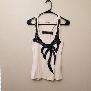 Forever 21 Cream Tank Top with Black Sequin Bow Accent And Back Ribbon Tie